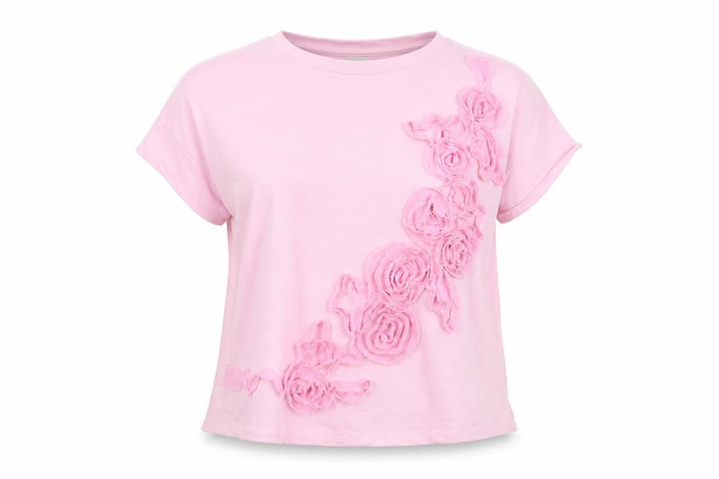 Savida Womens Light Pink Floral Ruffle Cotton T-Shirt M