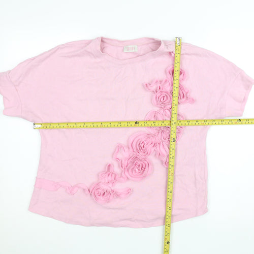Savida Womens Light Pink Floral Ruffle Cotton T-Shirt M