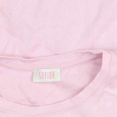 Savida Womens Light Pink Floral Ruffle Cotton T-Shirt M
