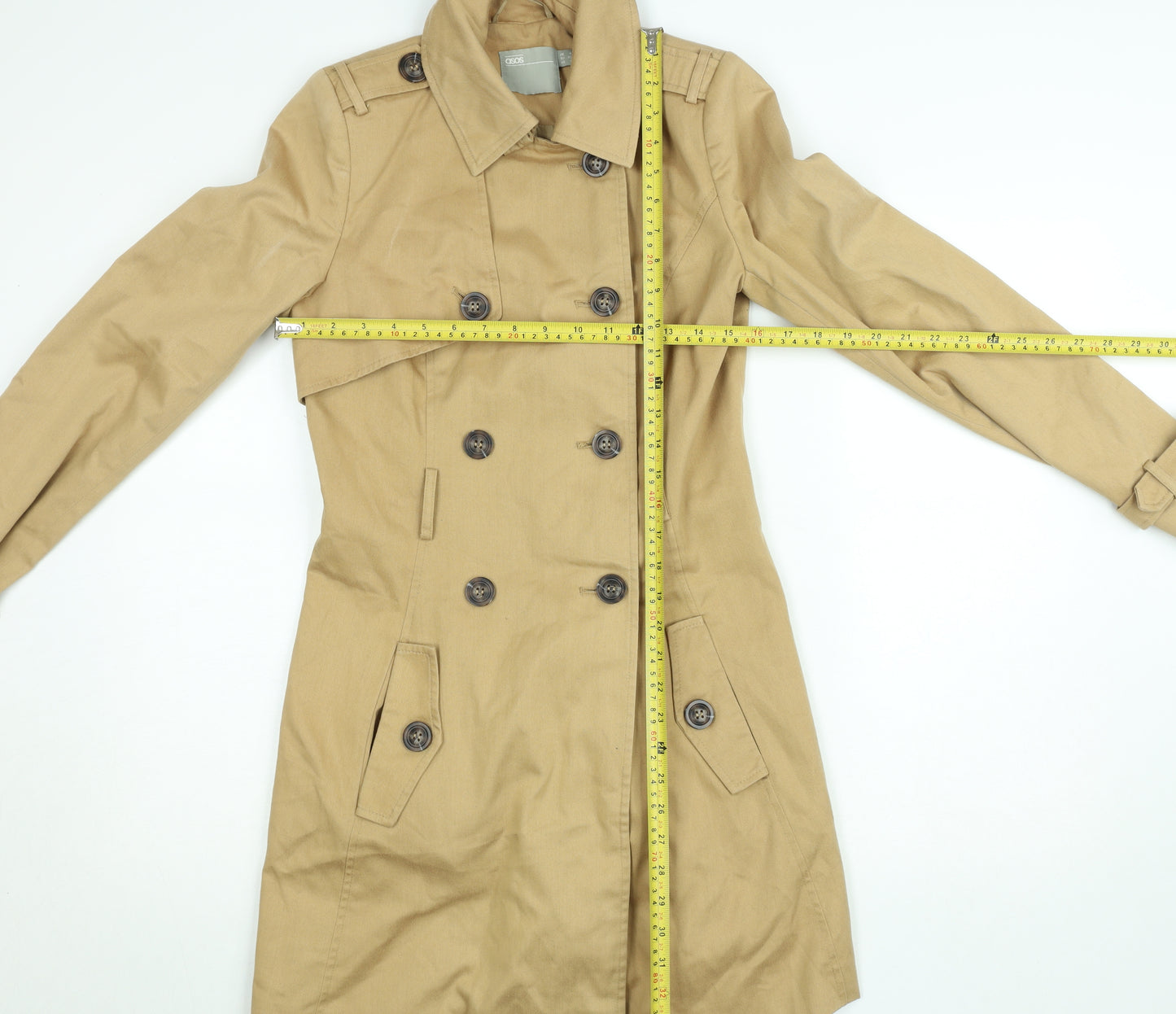 ASOS Women Beige Long Trench Coat Size 4 Belted Cotton Blend