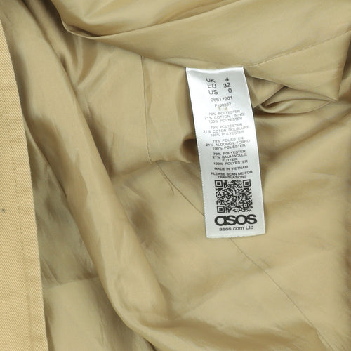 ASOS Women Beige Long Trench Coat Size 4 Belted Cotton Blend