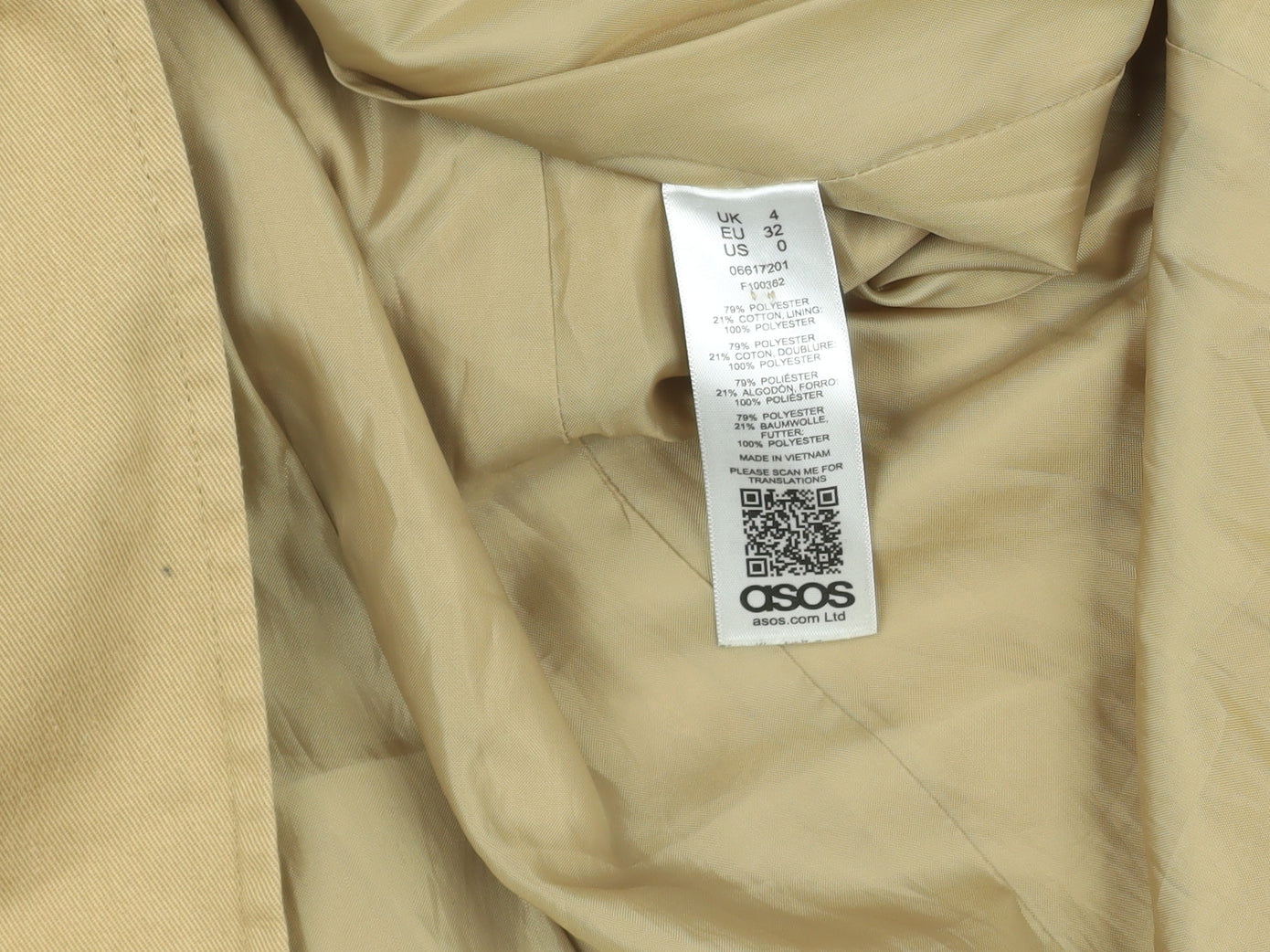 ASOS Women Beige Long Trench Coat Size 4 Belted Cotton Blend