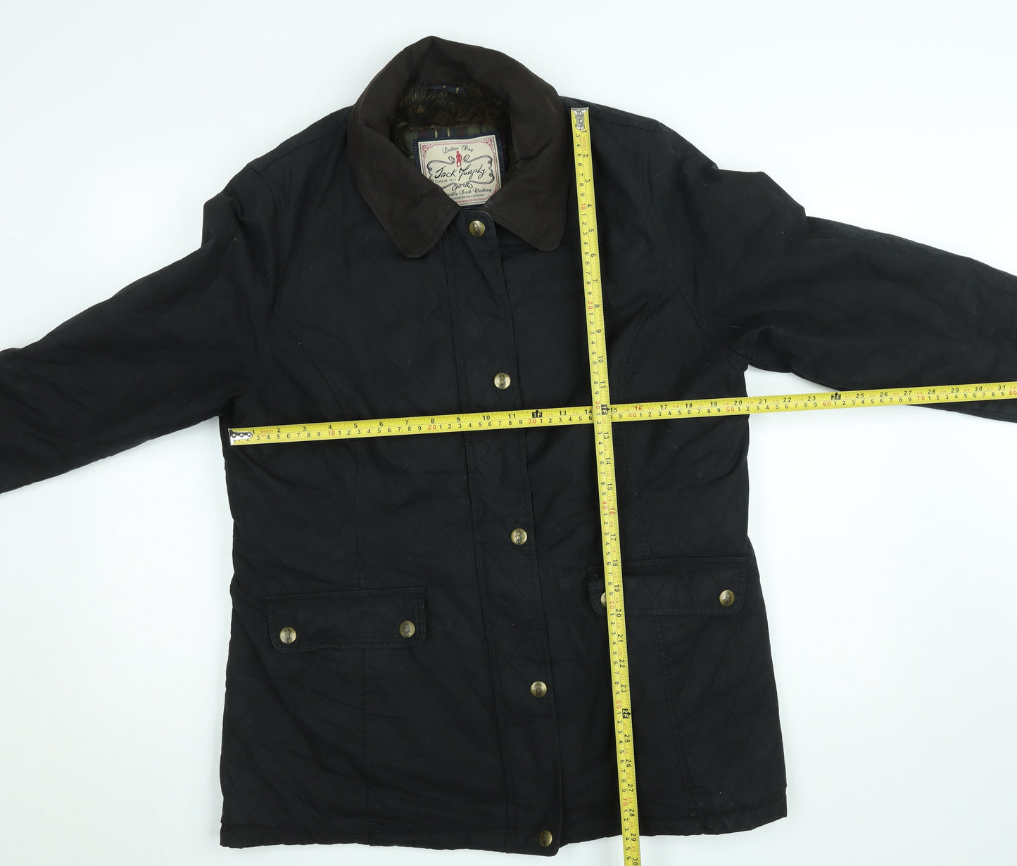 Jack Murphy Women Black Quilted Waxed Cotton Mid-Length Jacket Size 16