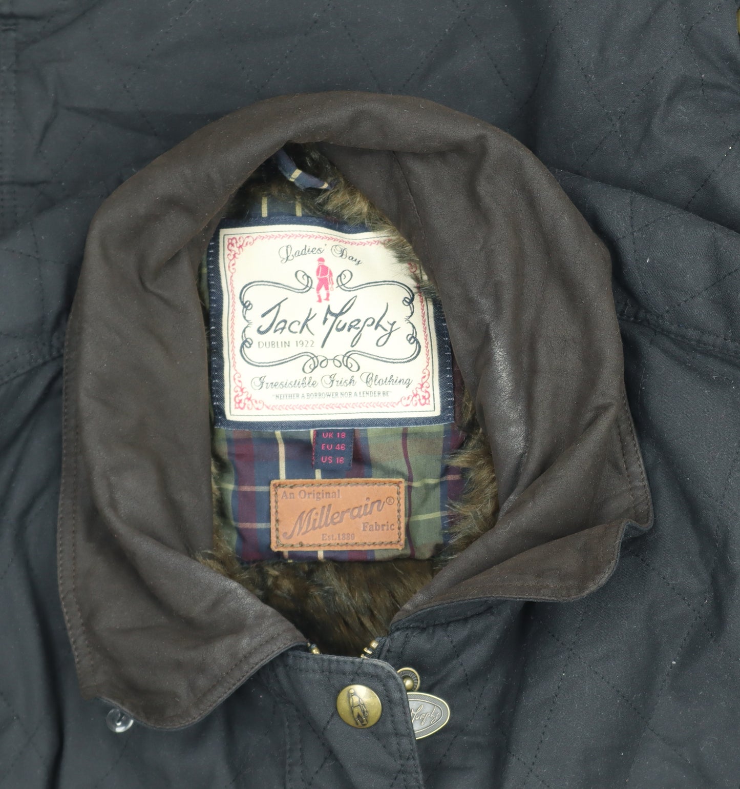 Jack Murphy Women Black Quilted Waxed Cotton Mid-Length Jacket Size 16