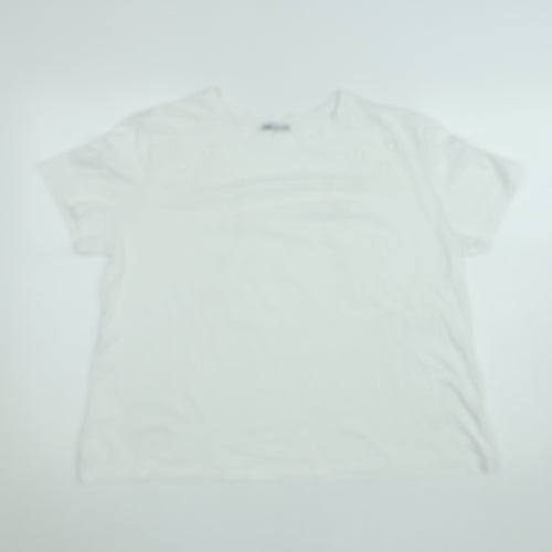 Zara Women White Embroidered Cotton Short Sleeve T-Shirt L