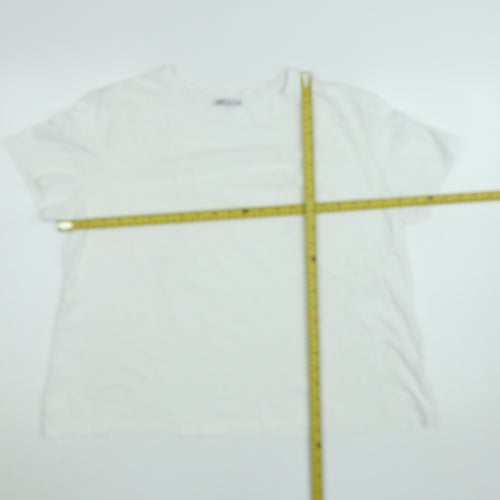 Zara Women White Embroidered Cotton Short Sleeve T-Shirt L