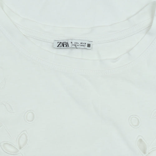 Zara Women White Embroidered Cotton Short Sleeve T-Shirt L