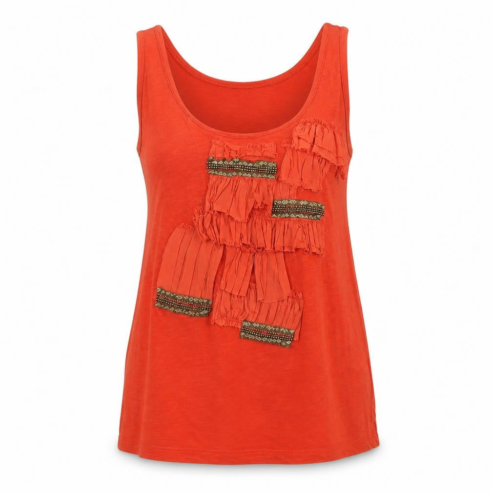 Front view of Zara Basic Women's Orange Cotton Beaded Ruffle Tank Top L