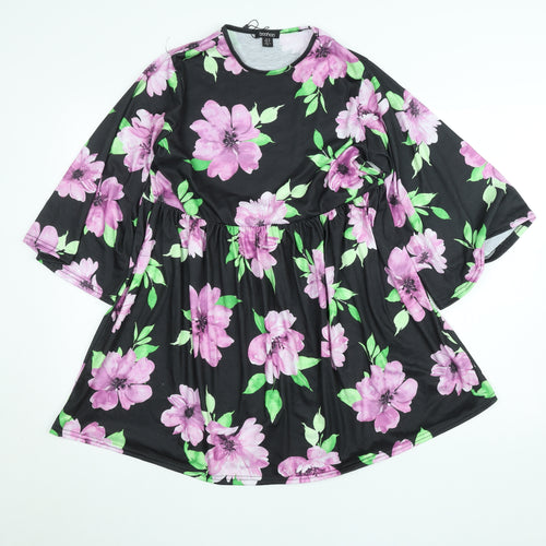 Boohoo Women’s Black Floral Skater Dress Size 10 3/4 Sleeve