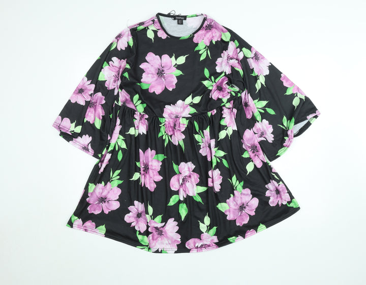 Boohoo Women’s Black Floral Skater Dress Size 10 3/4 Sleeve