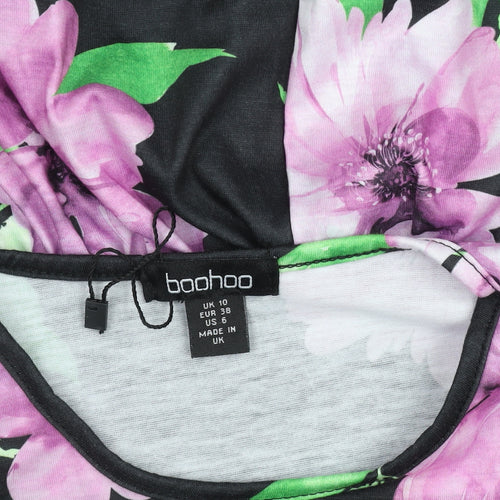 Boohoo Women’s Black Floral Skater Dress Size 10 3/4 Sleeve