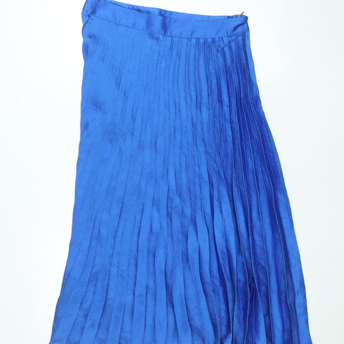 Zara Women Blue Pleated Midi Skirt XL Polyester Satin Zip
