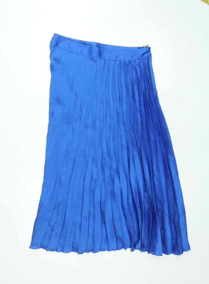 Zara Women Blue Pleated Midi Skirt XL Polyester Satin Zip