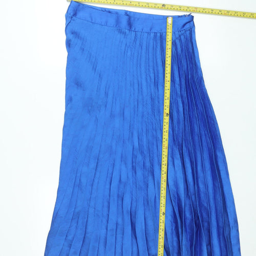 Zara Women Blue Pleated Midi Skirt XL Polyester Satin Zip