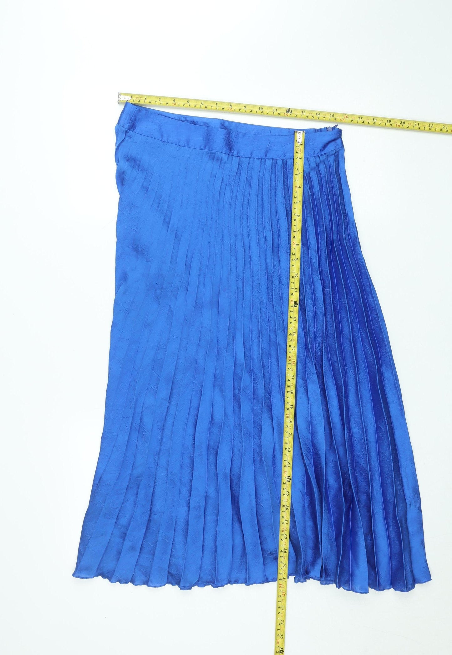 Zara Women Blue Pleated Midi Skirt XL Polyester Satin Zip