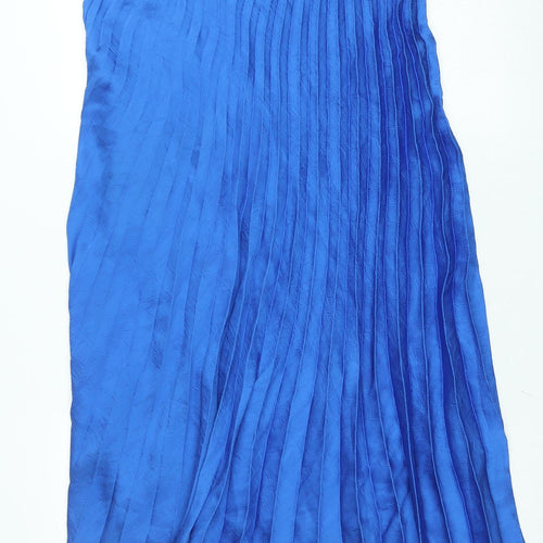 Zara Women Blue Pleated Midi Skirt XL Polyester Satin Zip