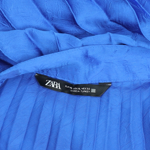 Zara Women Blue Pleated Midi Skirt XL Polyester Satin Zip