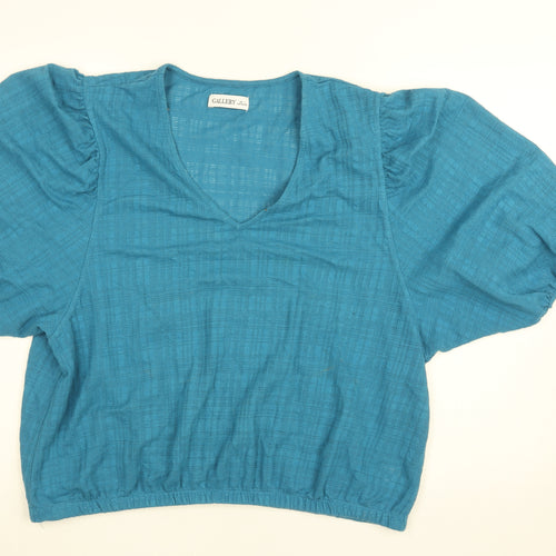 Gallery Women's Blue Cropped Puff Sleeve V-Neck Blouse Size L