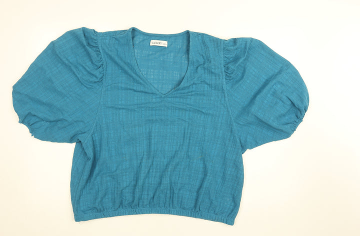 Gallery Women's Blue Cropped Puff Sleeve V-Neck Blouse Size L