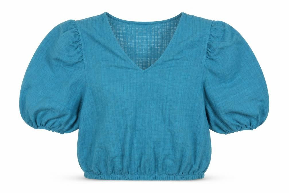 Front view of Gallery Women's Blue Cropped Puff Sleeve V-Neck Blouse, size L