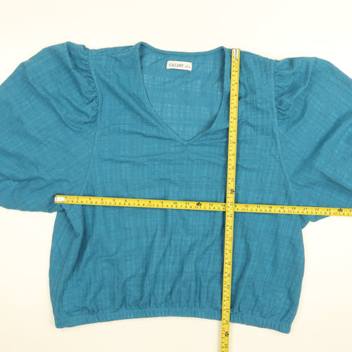 Gallery Women's Blue Cropped Puff Sleeve V-Neck Blouse Size L