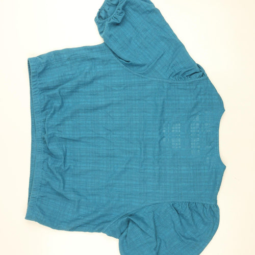 Gallery Women's Blue Cropped Puff Sleeve V-Neck Blouse Size L