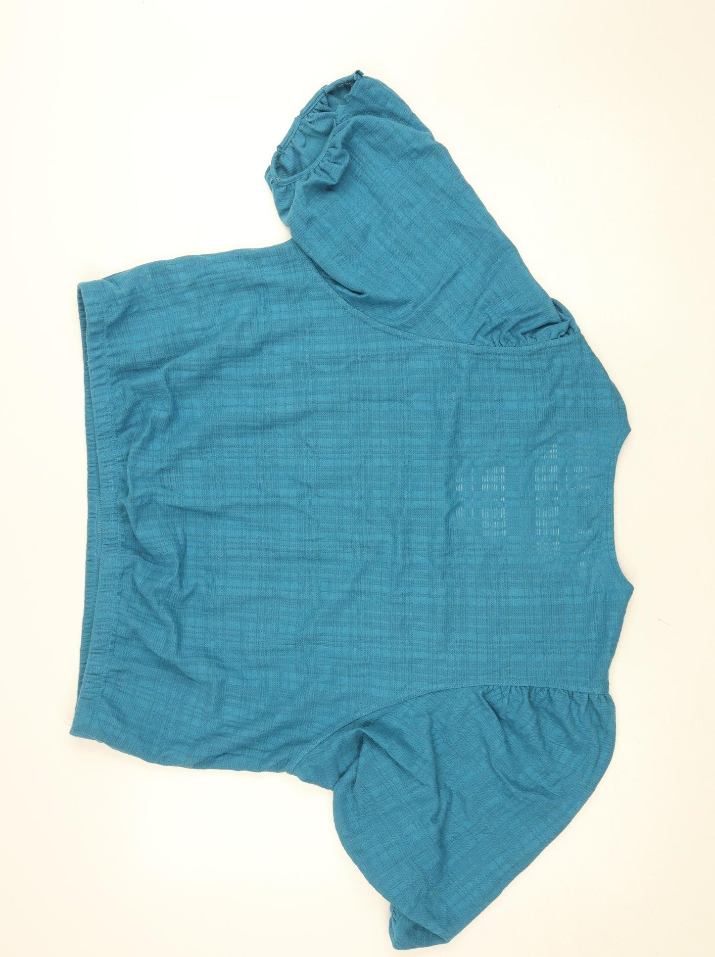 Gallery Women's Blue Cropped Puff Sleeve V-Neck Blouse Size L