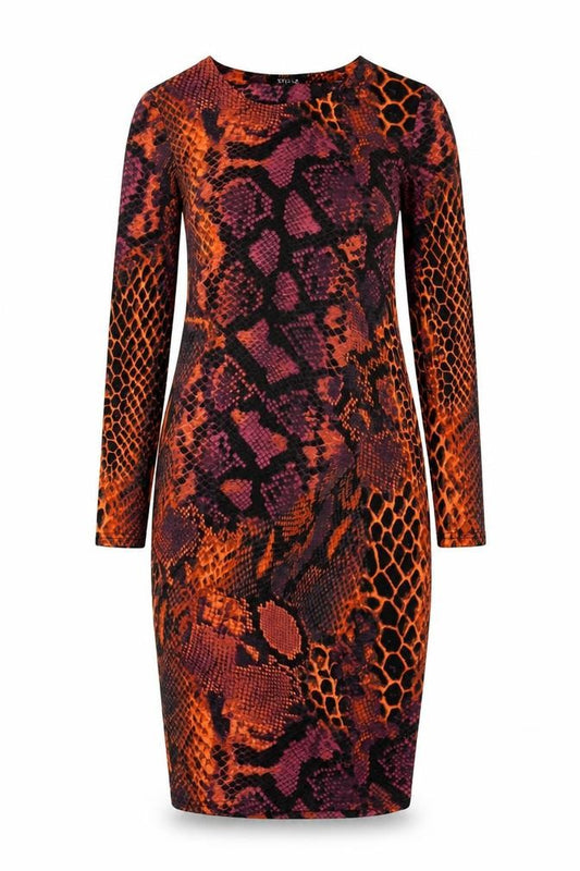 Front view of Stella Morgan Women's Orange Animal Print Bodycon Dress, size 8