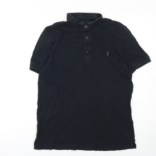 AllSaints Men’s Black Slim Fit Polo Shirt Medium Cotton Logo