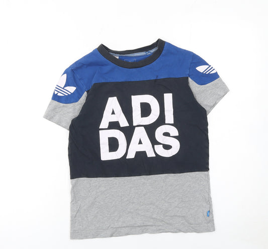 Adidas Boys Blue Black Grey Colourblock Logo Crew Neck T-Shirt 7-8 Years