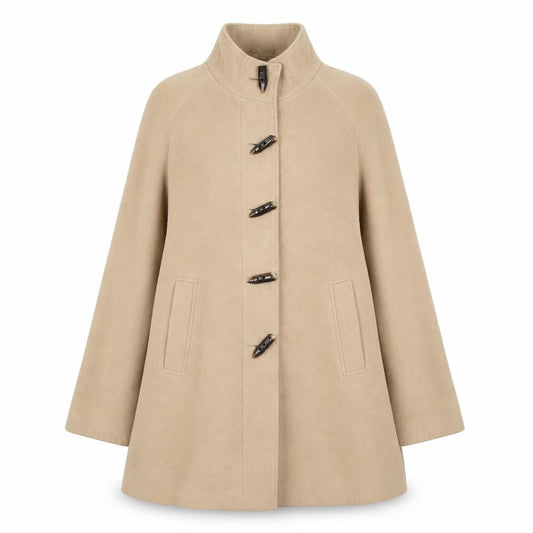 Front view of Isle women’s beige mid-length classic overcoat, size UK 12