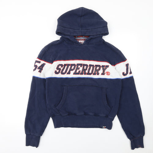 Superdry Women Navy Pullover Hoodie Medium Sports Logo Cotton Blend
