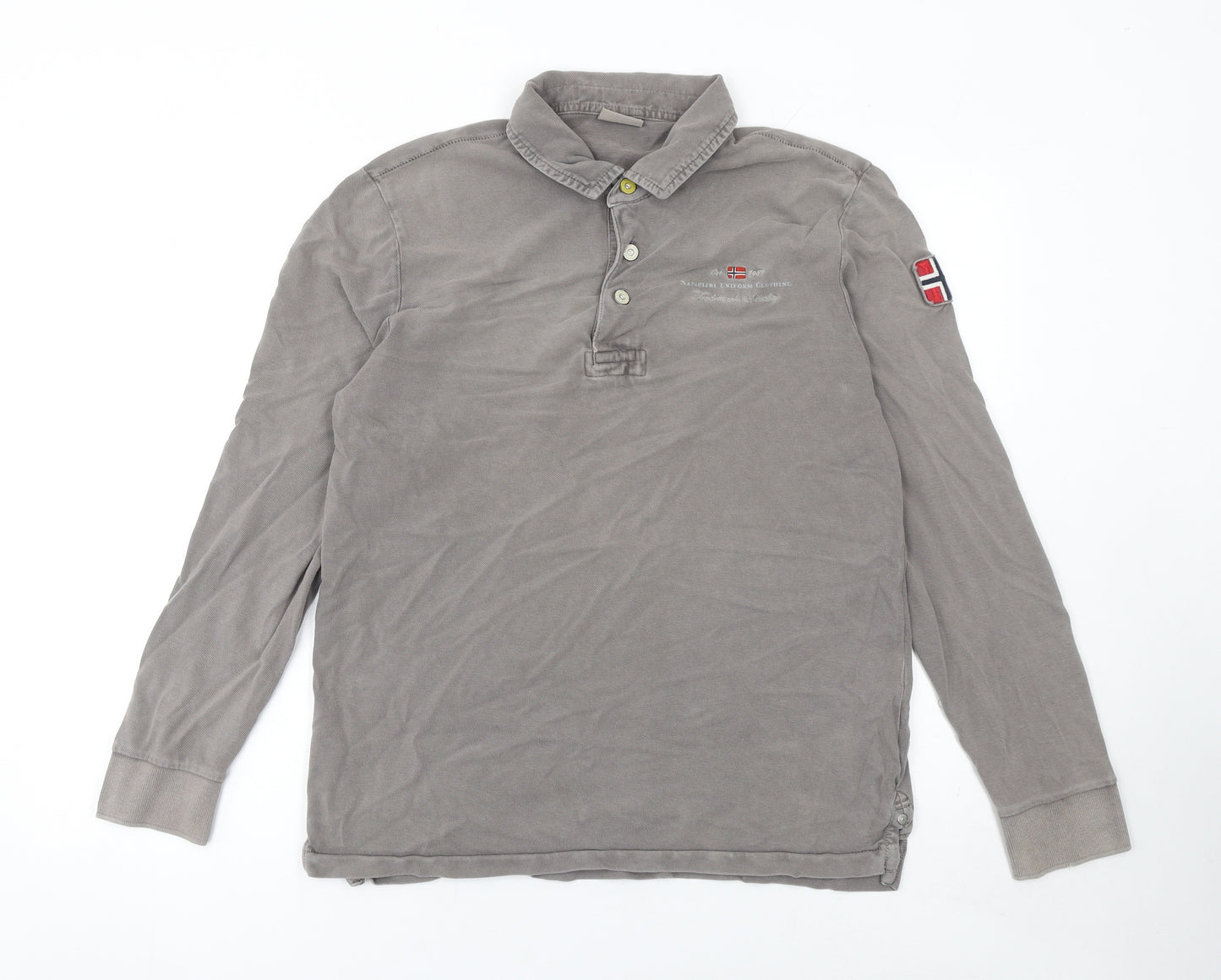 Napapijri Men's Grey Long Sleeve Polo Shirt XL 100% Cotton