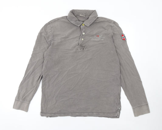 Napapijri Men's Grey Long Sleeve Polo Shirt XL 100% Cotton