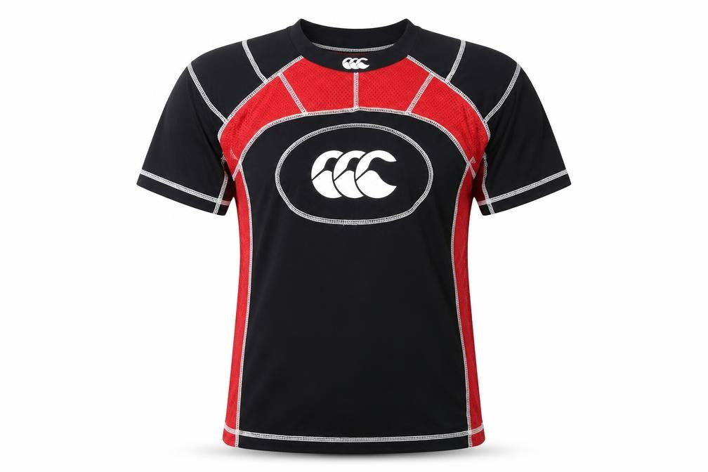 Front view of Canterbury Men's Black Red Rugby Compression Top, size S, Athletic Fit