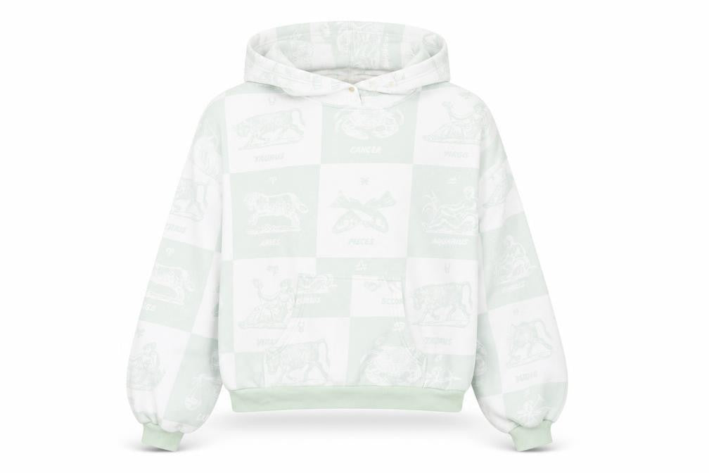 Front view of From Under Women's Mint Green Zodiac Print Hooded Pullover Sweatshirt, size S