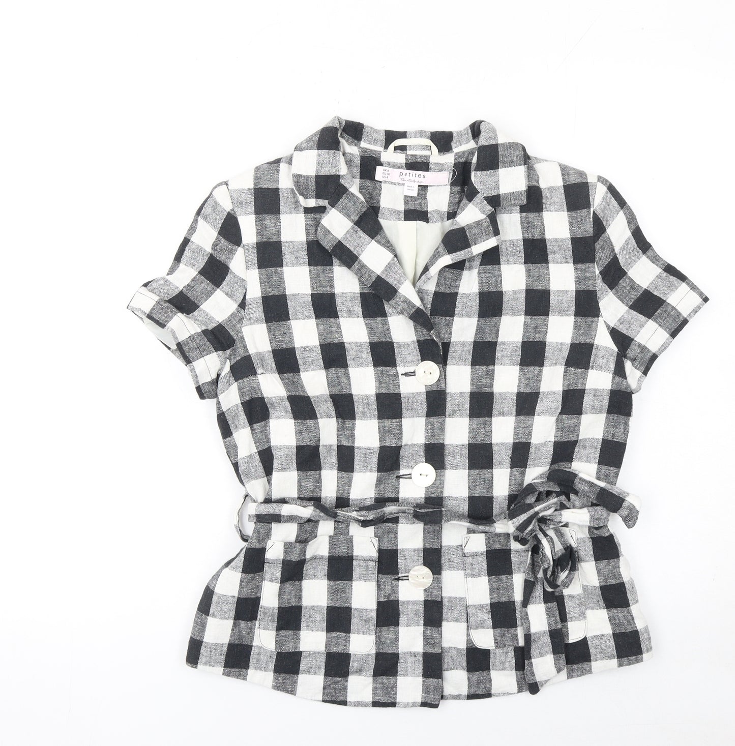 Miss Selfridge Petites Black Check Linen Blend Short Sleeve Blazer UK 8