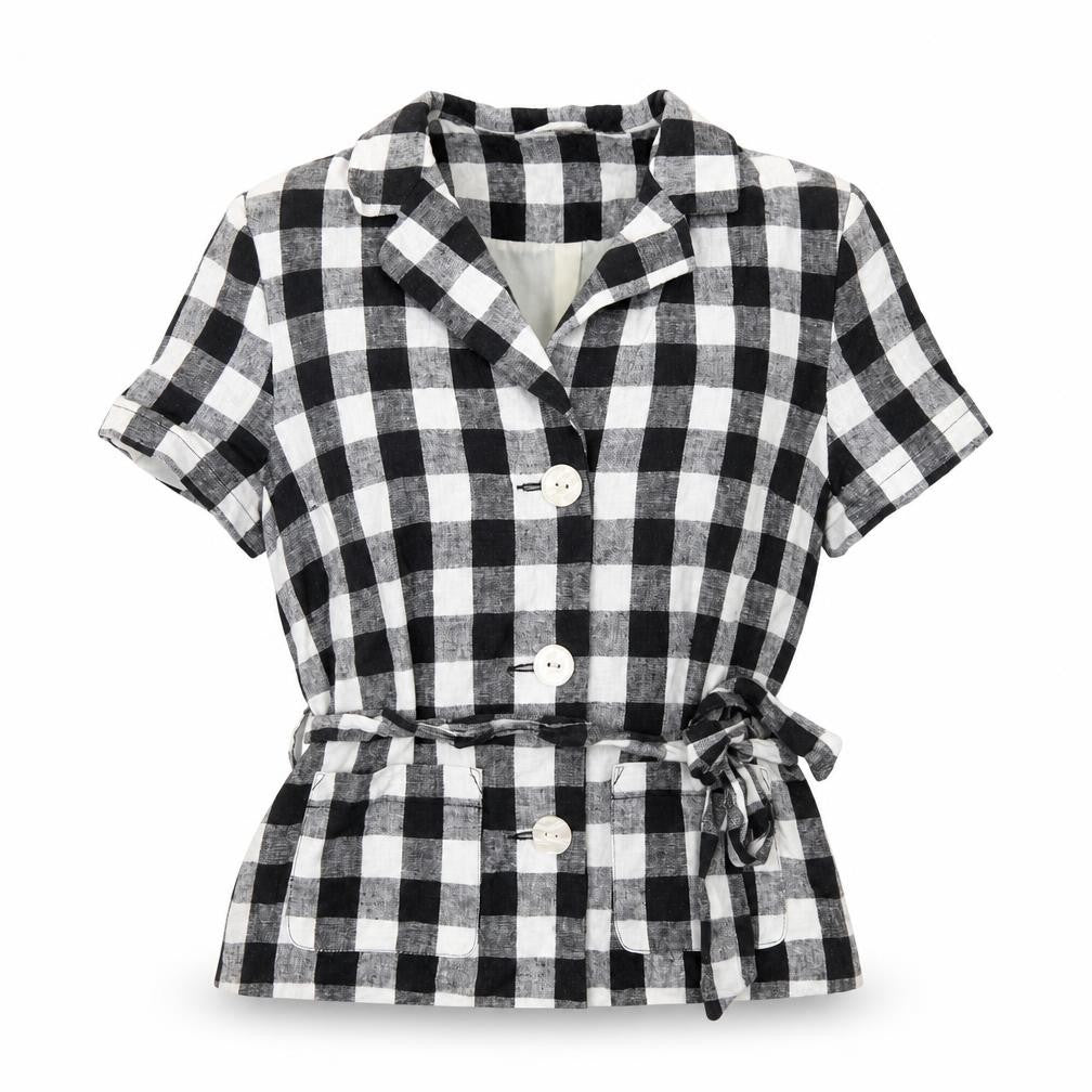 Miss Selfridge Petites Black Check Linen Blend Short Sleeve Blazer UK 8