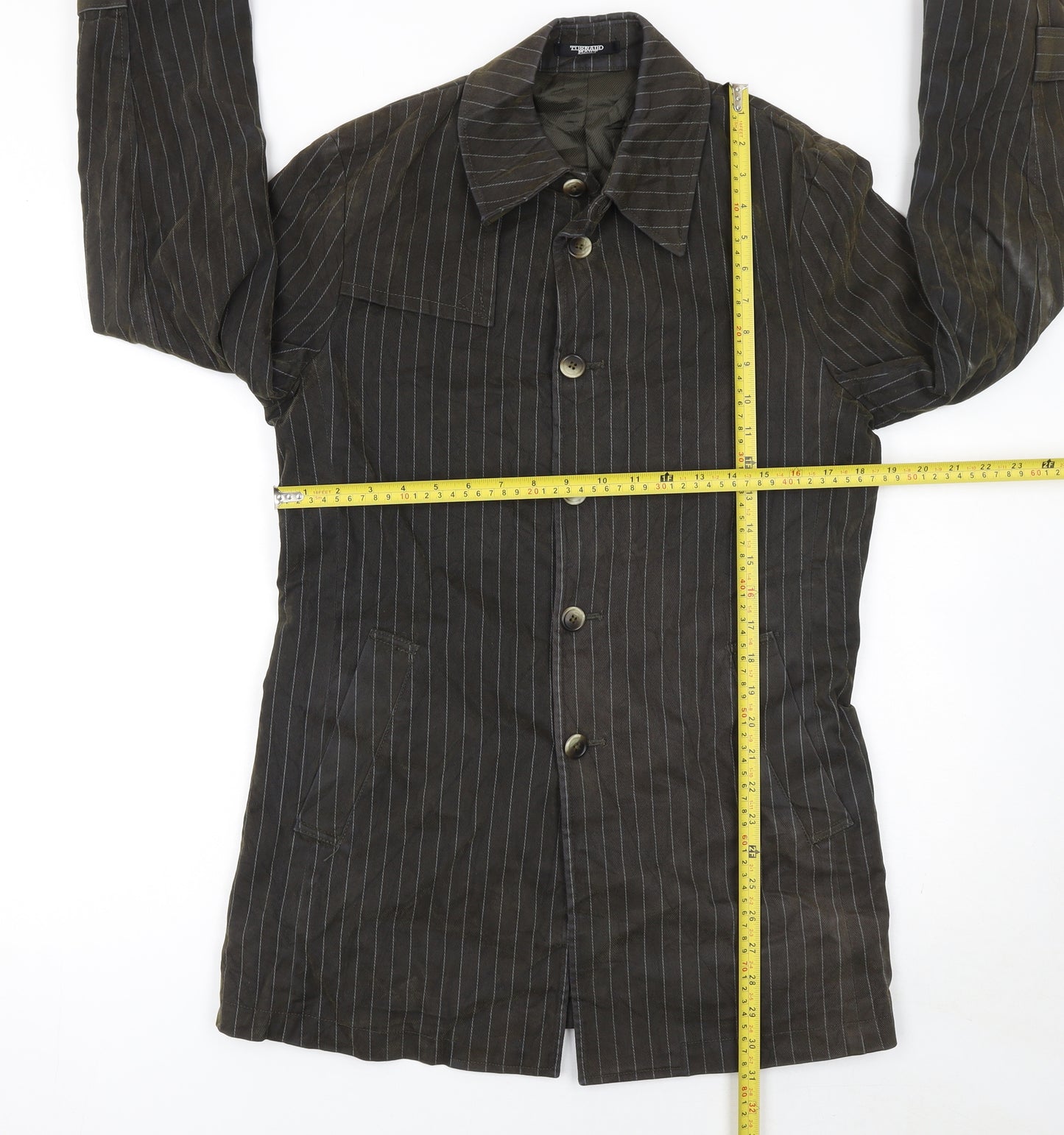 Tornado Mart Men's Brown Pinstripe Cotton Mid-Length Overcoat M