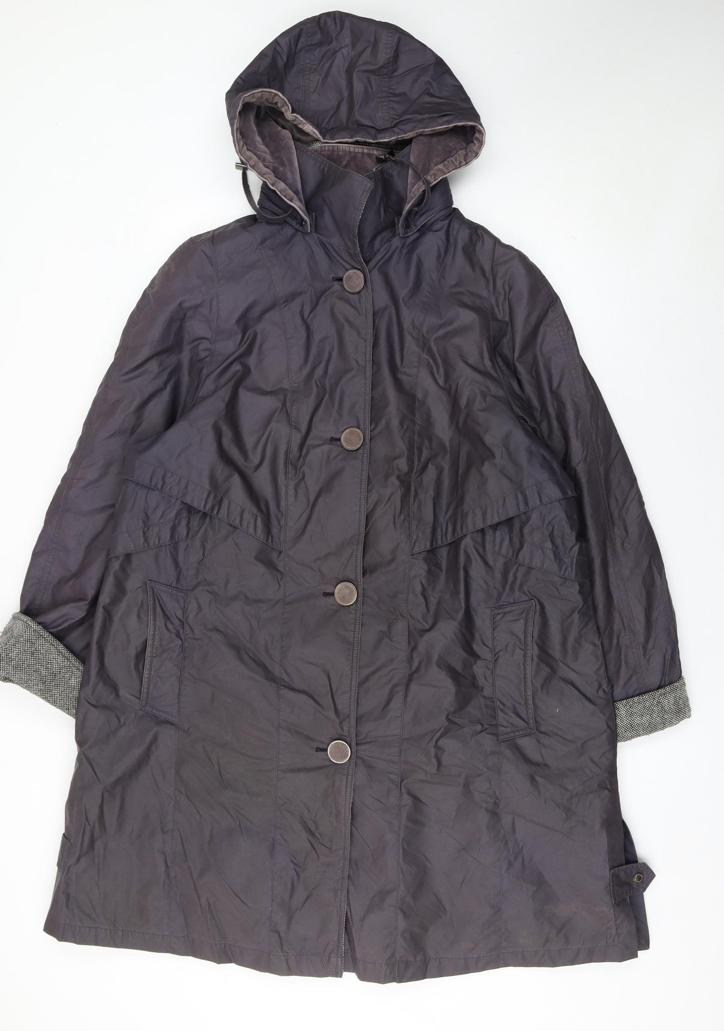Junge Women’s Grey Hooded Rain Coat Size 18 Long Button Up Jacket