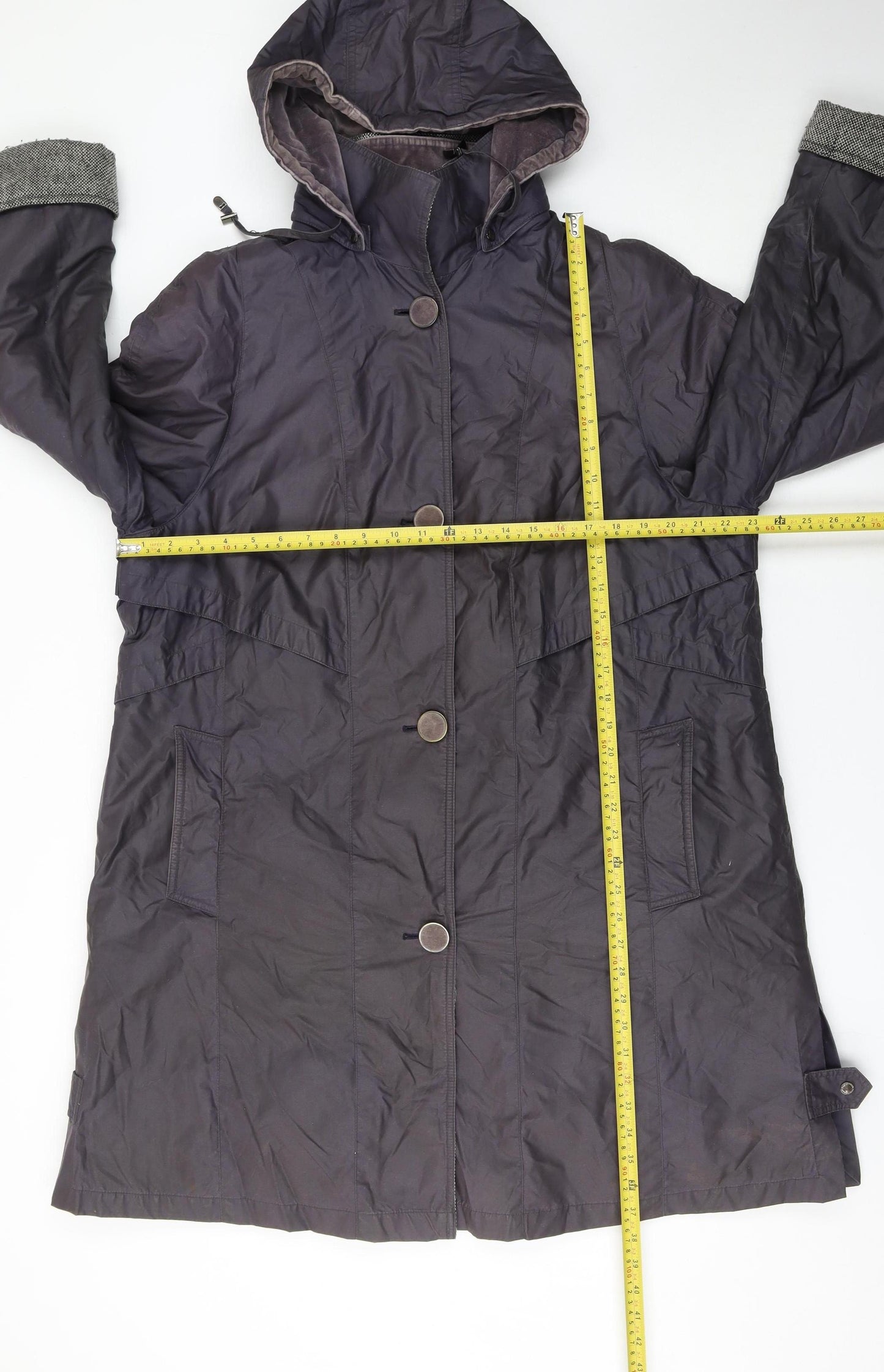 Junge Women’s Grey Hooded Rain Coat Size 18 Long Button Up Jacket