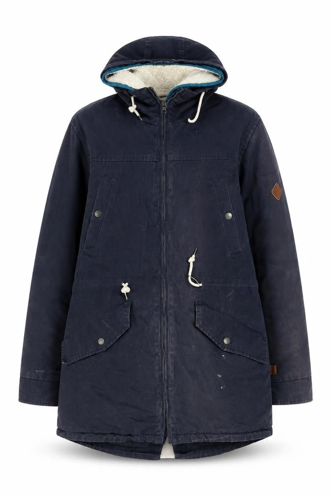Front view of Bellfield Women's Blue Cotton Hooded Parka Jacket, size M