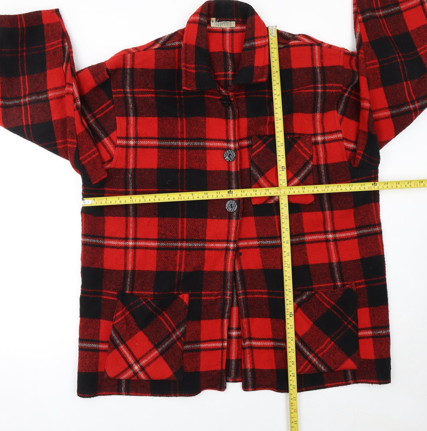 Coppernob Men's Red Checked Wool Jacket L Relaxed Fit Mid-Length