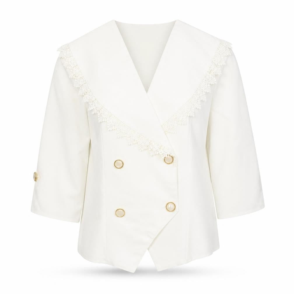Front view of Amanda Blake Women's Ivory Double-Breasted Lace Trim Blazer UK 12