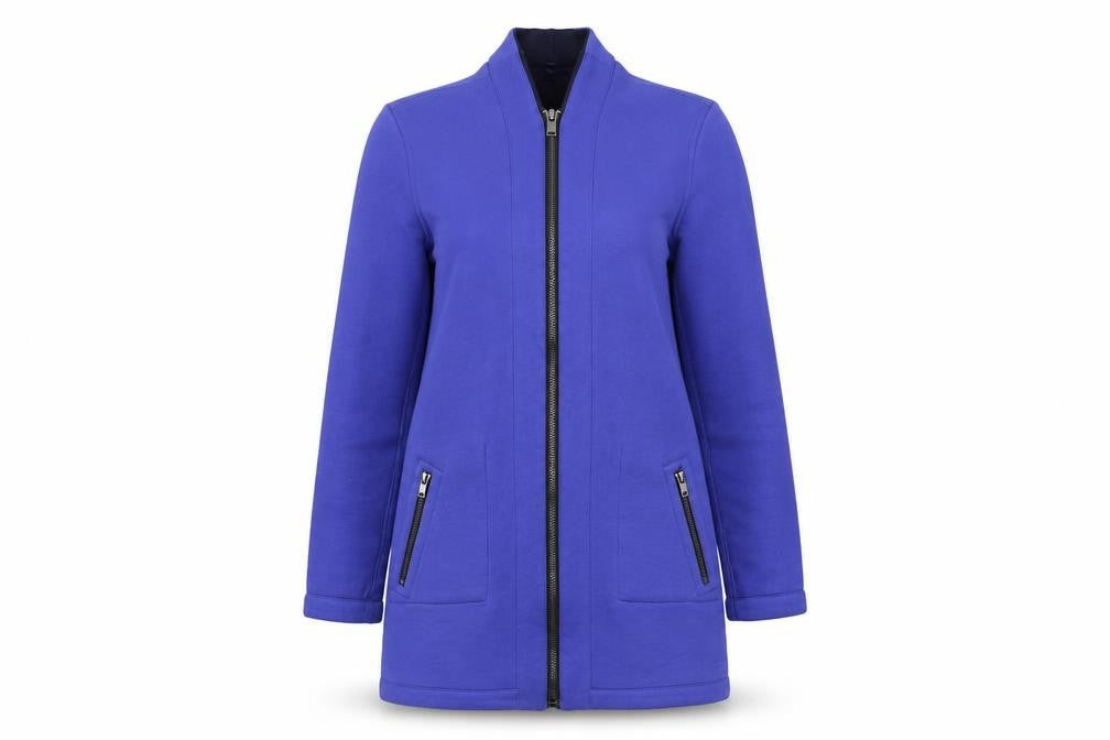 Front view of Next Women's Blue Long Coatigan, size 6, Viscose Zip Jacket
