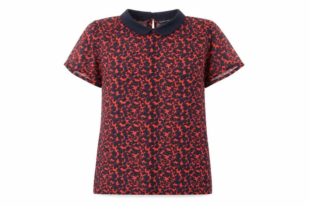 Front view of French Connection Women's Red Animal Print Chiffon Blouse, size 10