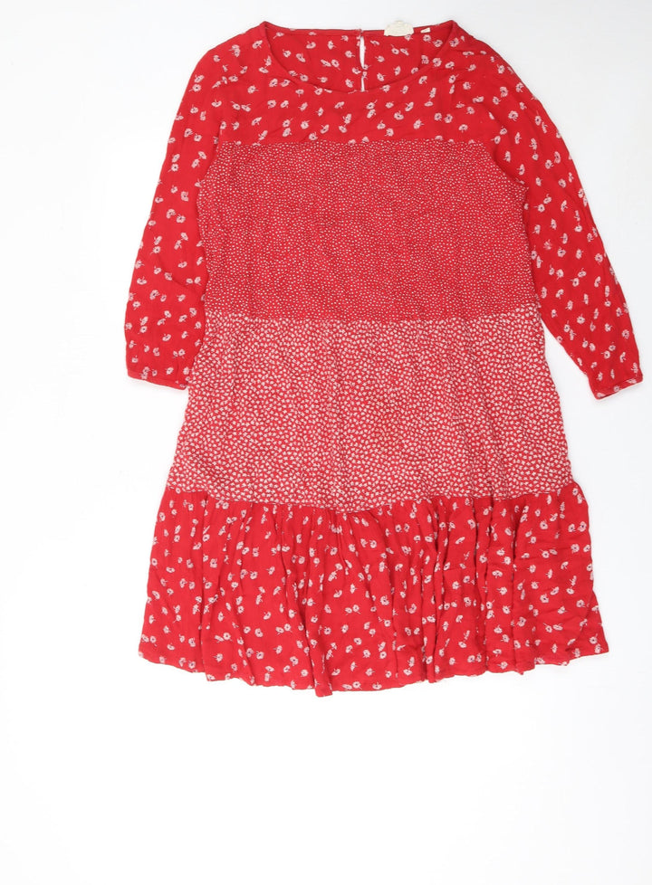 Fat Face Women Red Floral A-Line Viscose Knee Dress Size 12