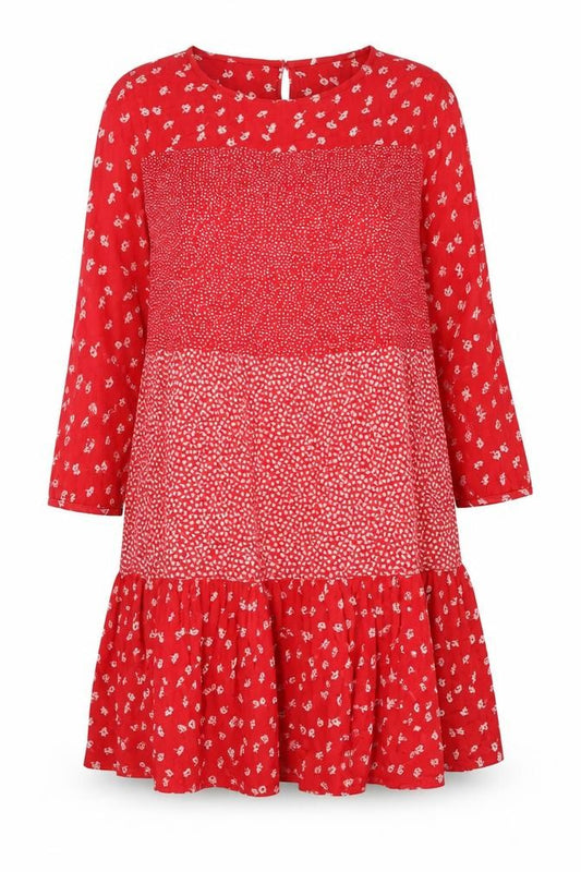 Front view of FatFace Women Red Floral A-Line Viscose Knee Dress, size 12