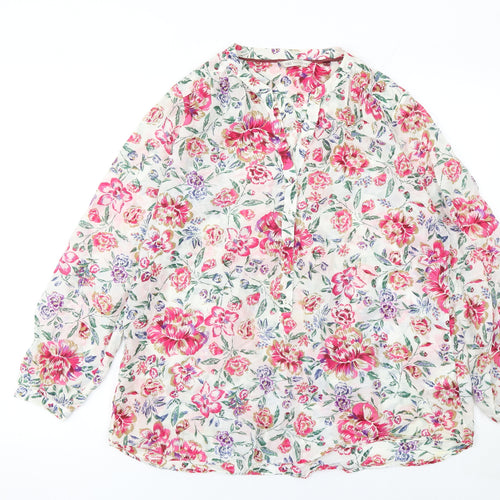 Marks and Spencer Womens Floral Blouse Pink UK 14 Silk Cotton Long Sleeve