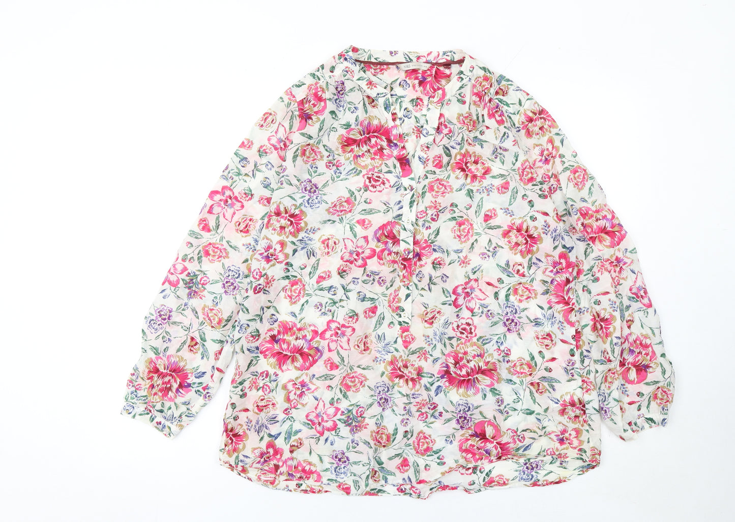 Marks and Spencer Womens Floral Blouse Pink UK 14 Silk Cotton Long Sleeve